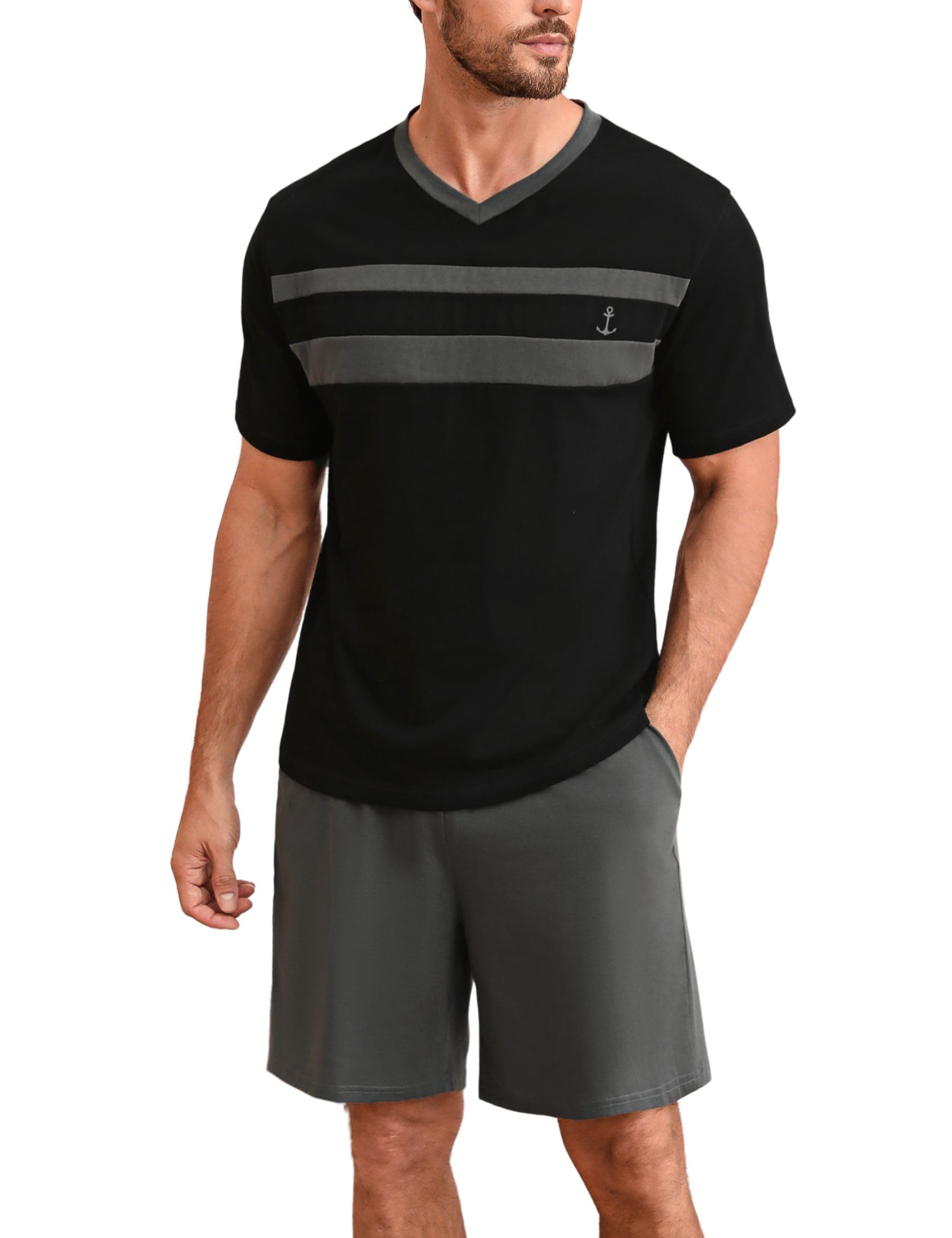 Nieery Schlafanzug Herren kurz Baumwolle Sommer Pyjama Set Kurzarm V-Ausschnitt T-Shirt und Shorty Schlafanzughose