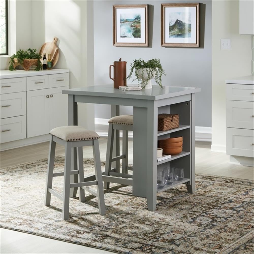 Pemberly Row Modern Transitional Wood 3-Piece Counter Set, Gray Finish, Linen Upholstery, 25 in Stool Height, Bookshelf End with 3 Fixed Shelves, Nail Head Accents, Small Space Dining or Home Office
