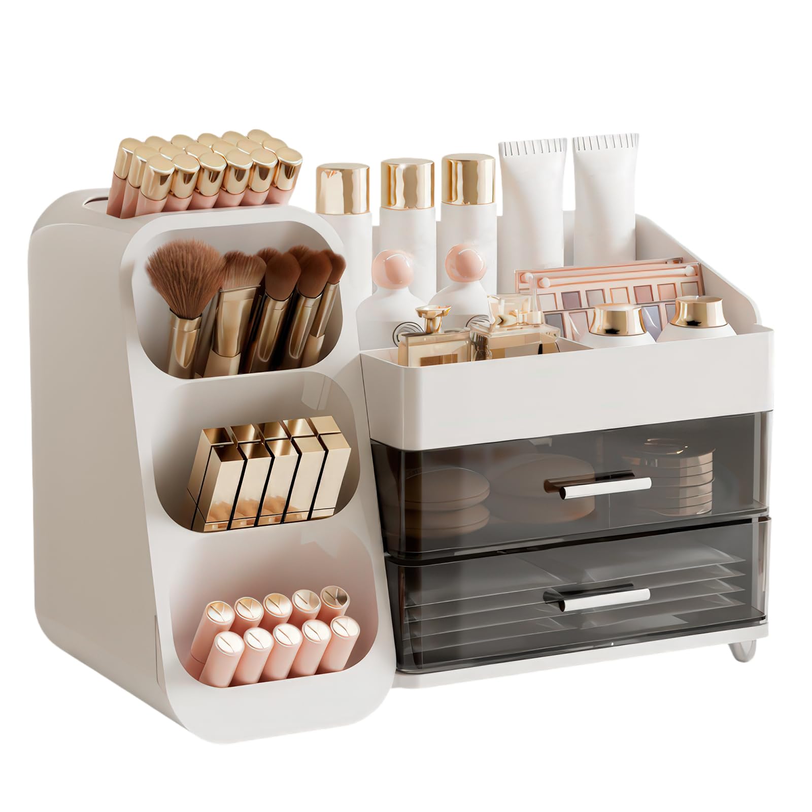 FoiiLiio Rangement Maquillage Organisateur à 2 Tiroirs, Grande Capacité Stockage Boîte Cosmétique Multifonctionnel Pour Dresser, Salle de Bain, Skincare (Blanc)