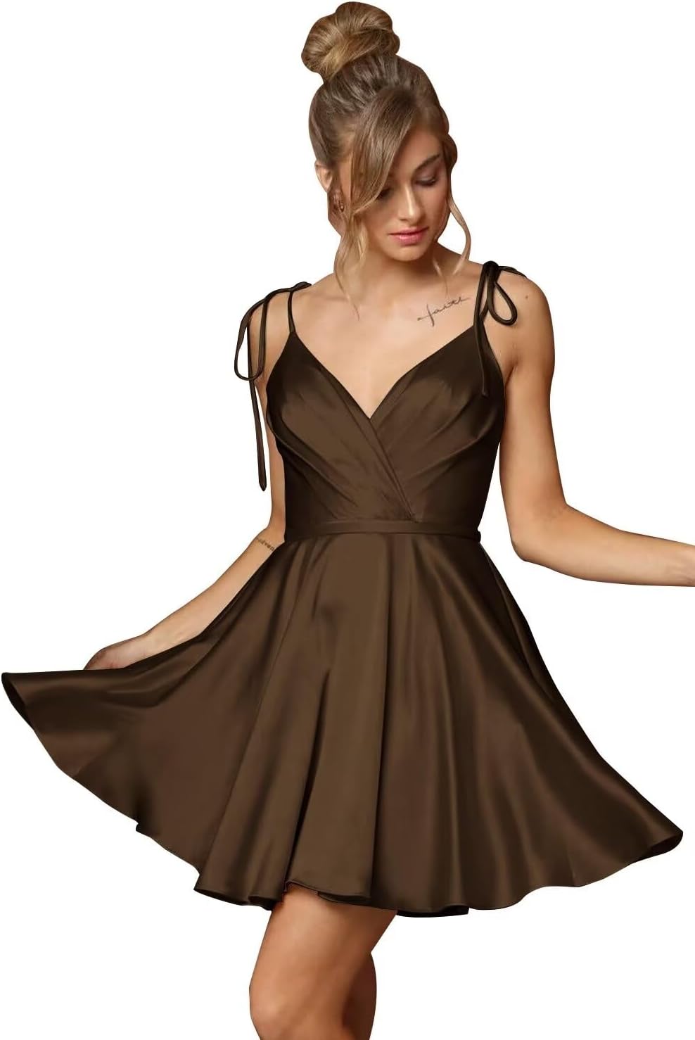 Satin Homecoming Dresses Spaghetti Strap V Neck Flowy Prom Cocktail Party Short Gowns for Teens