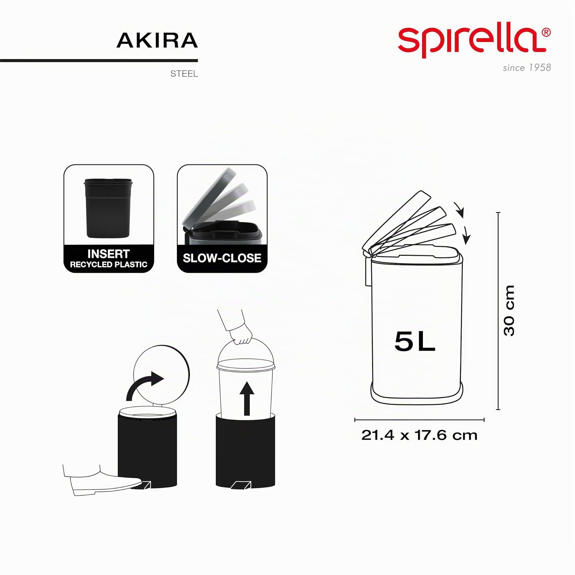 Spirella - Poubelle de Salle de Bain à Pédale AKIRA - Acier Inoxydable Haut de Gamme - Fermeture Silencieuse Easy-Close - Or Brossé - 5L