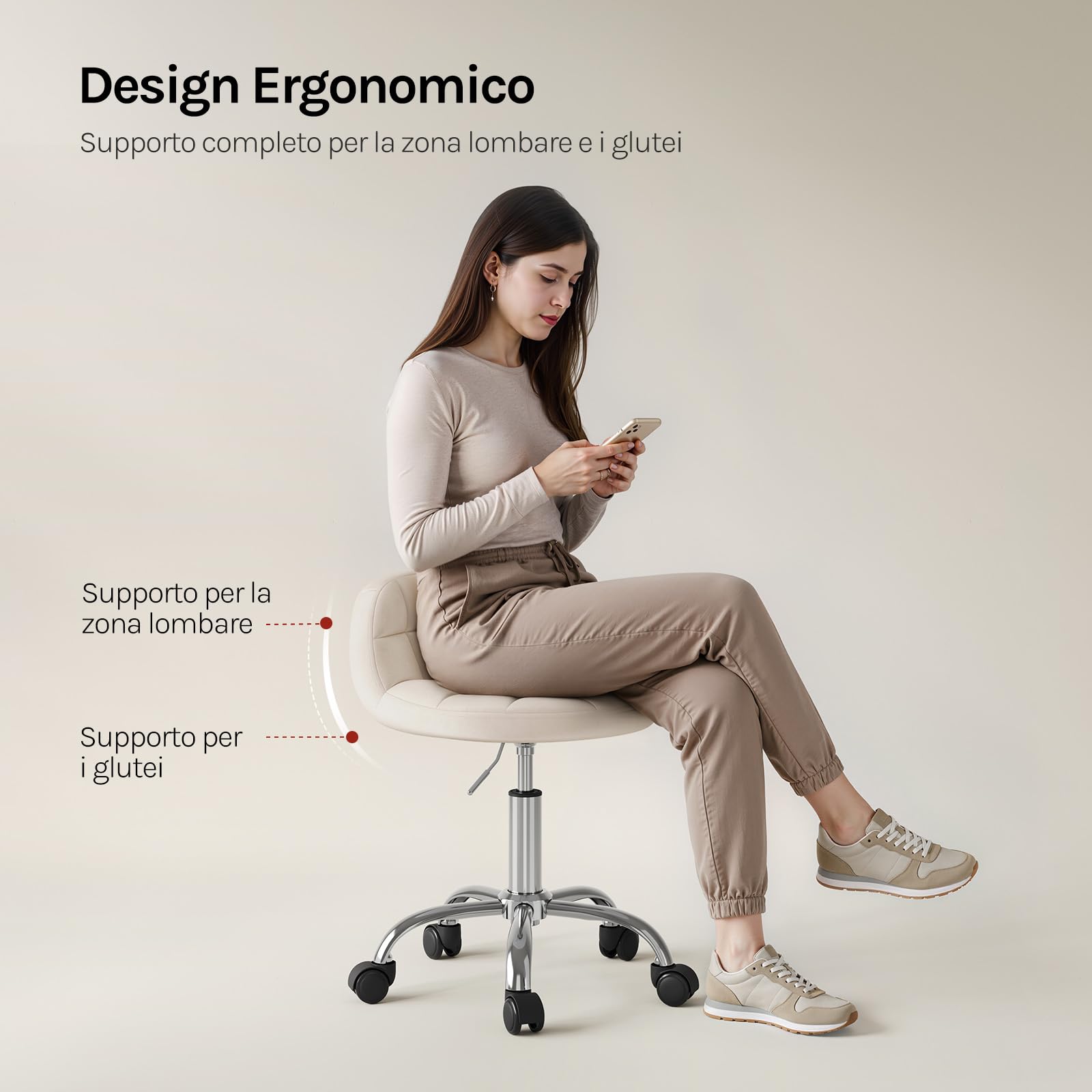 WOLTU Sgabello con Ruote, Sedia da Trucco, Altezza Regolabile per Estetista Parrucchiere, Tattoo Studio e Salone, Velluto, Crema