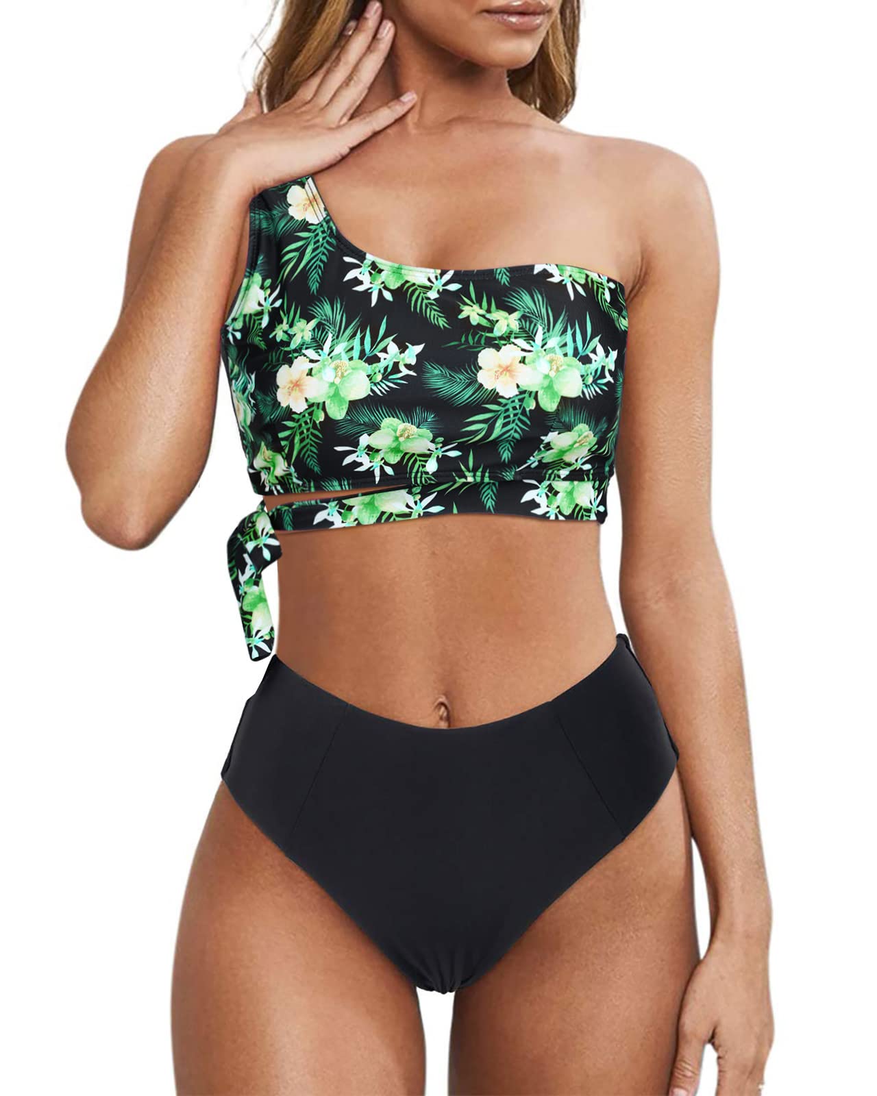 Wantonfy Damen Bikini Sets High Waist Schwimmanzug Zweiteiliger Badeanzug EIN Schulter Bademode Swimsuit