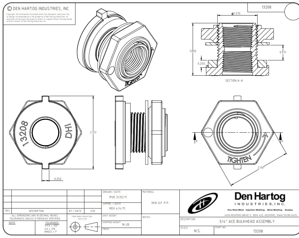 Ace Roto-Mold 13208 3/4? Polypropylene Bulkhead Fitting