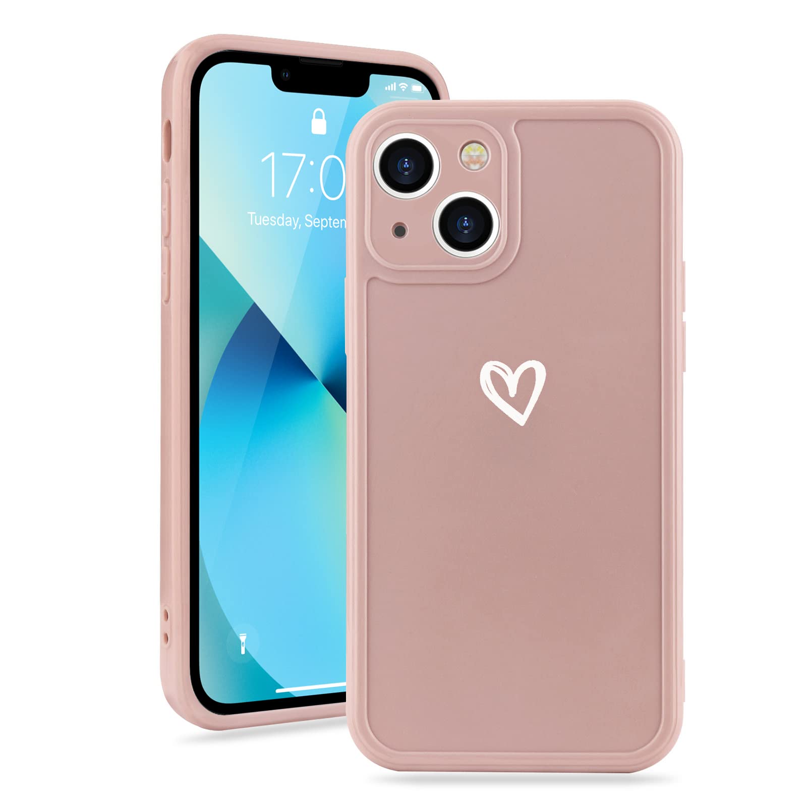 LAPOPNUT Compatible with iPhone 13 Case for Women Girls Cute Glossy Soft Slim Back Case with Simple Heart Pattern, Light-Wight Protective Bumper Case Cover for iPhone 13, Grey