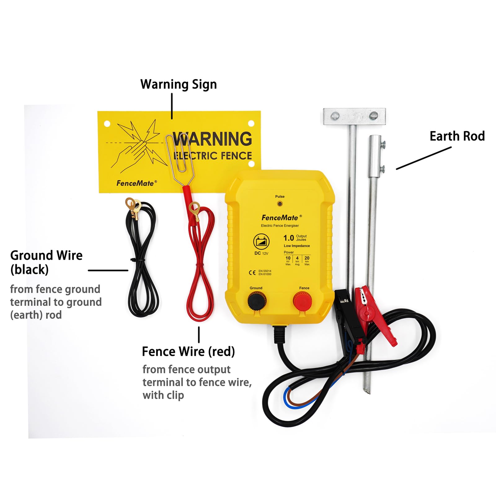 FenceMate Energizador eléctrico de valla de 12 V de salida de 1 julio, rango de 20 km, energía a pilas, pico de 10 kV para proteger aves de corral y ganado, valla para granja, jardín, estanque