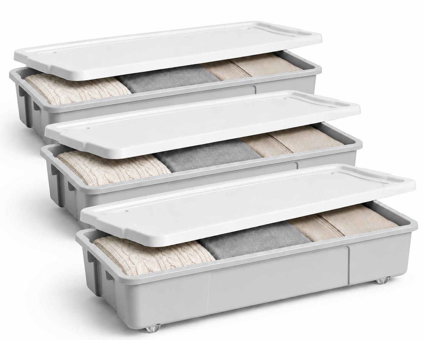 Bbsk Grey/White Under Bed Storage Box With Lid & Wheels, 47L Slim Plastic Storage Container, Rolling Underbed Organiser For Clothes, Bedding, Shoes & Toys, Space Saving Storage Bin, & (3)