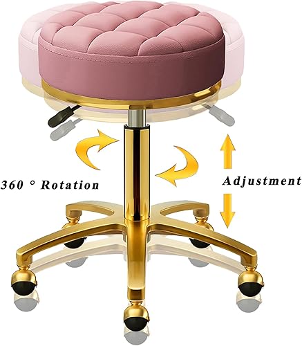 Miniatura 6 de Taburete rodante dorado con ruedas, taburete de masaje de pedicura, silla giratoria redonda de piel sintética, base dorada de titanio, altura