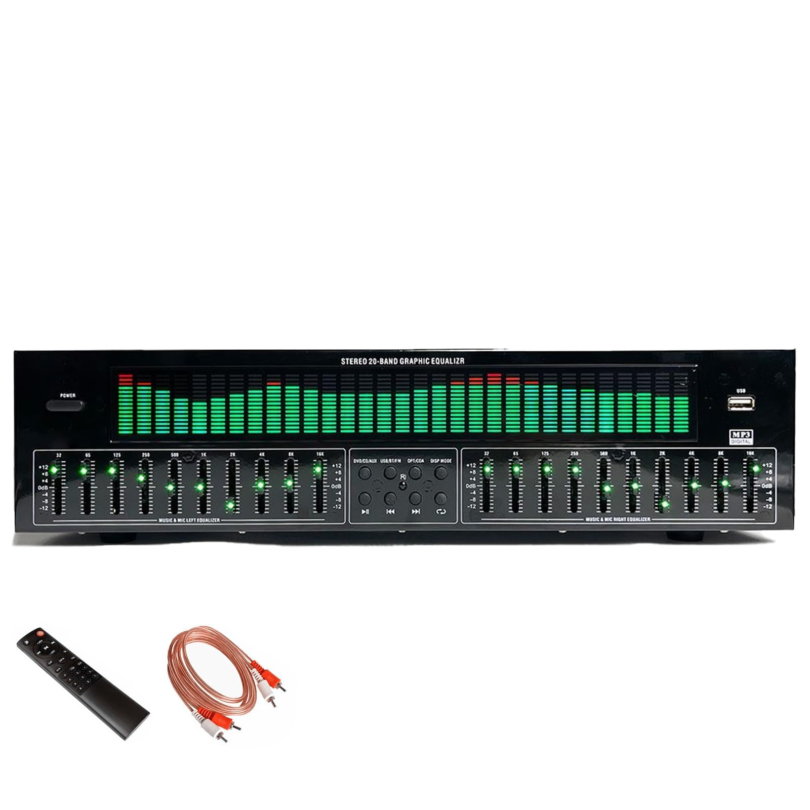 Ecualizador Digital de 31 Bandas, Ecualizador gráfico estéreo de Audio Digital con Control Remoto y Cable de Audio, reducción automática de Ruido, analizador de espectros de música LED(Green)