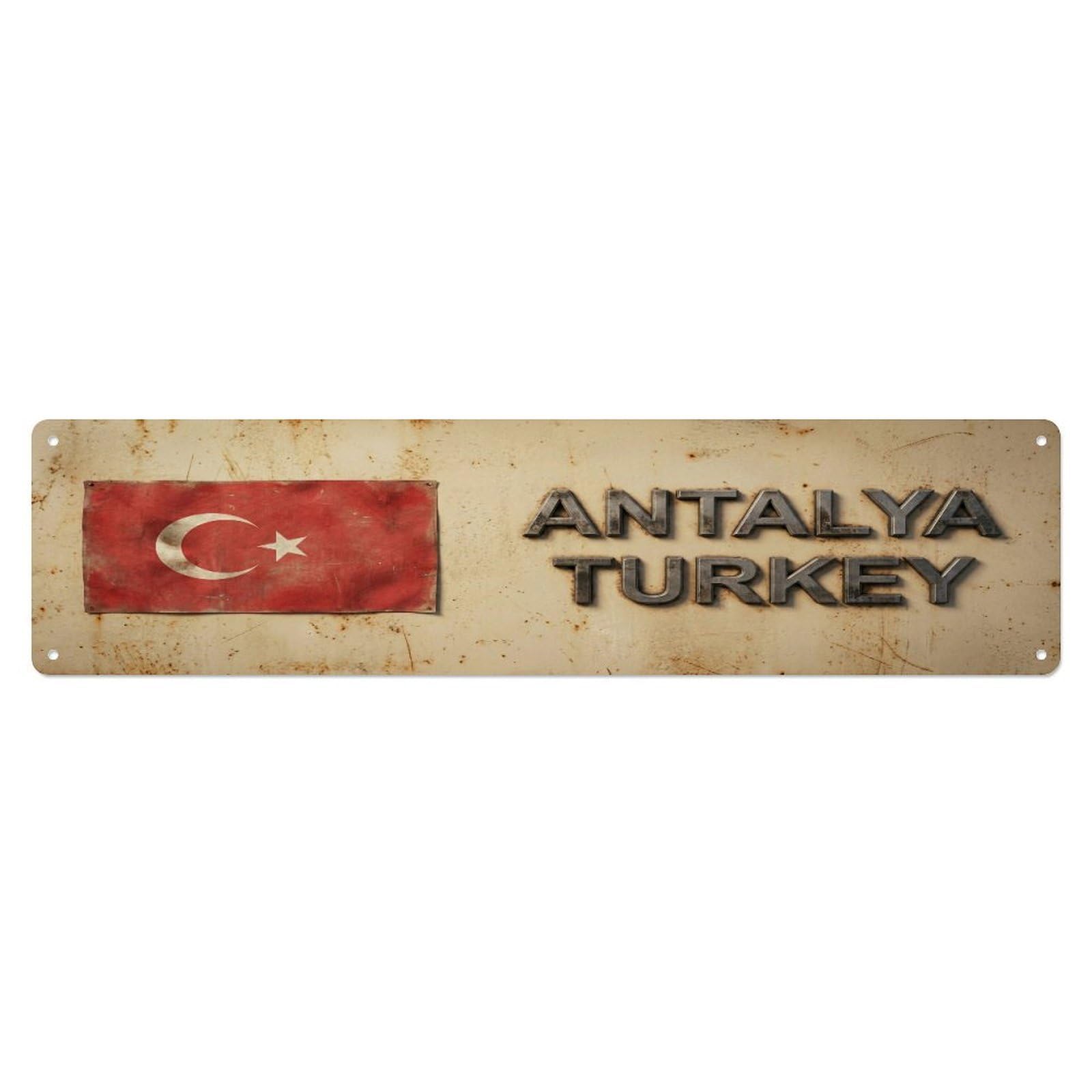 Metal Tin Sign Vintage Antalya Turkey Flag Decor Rustic Travel
