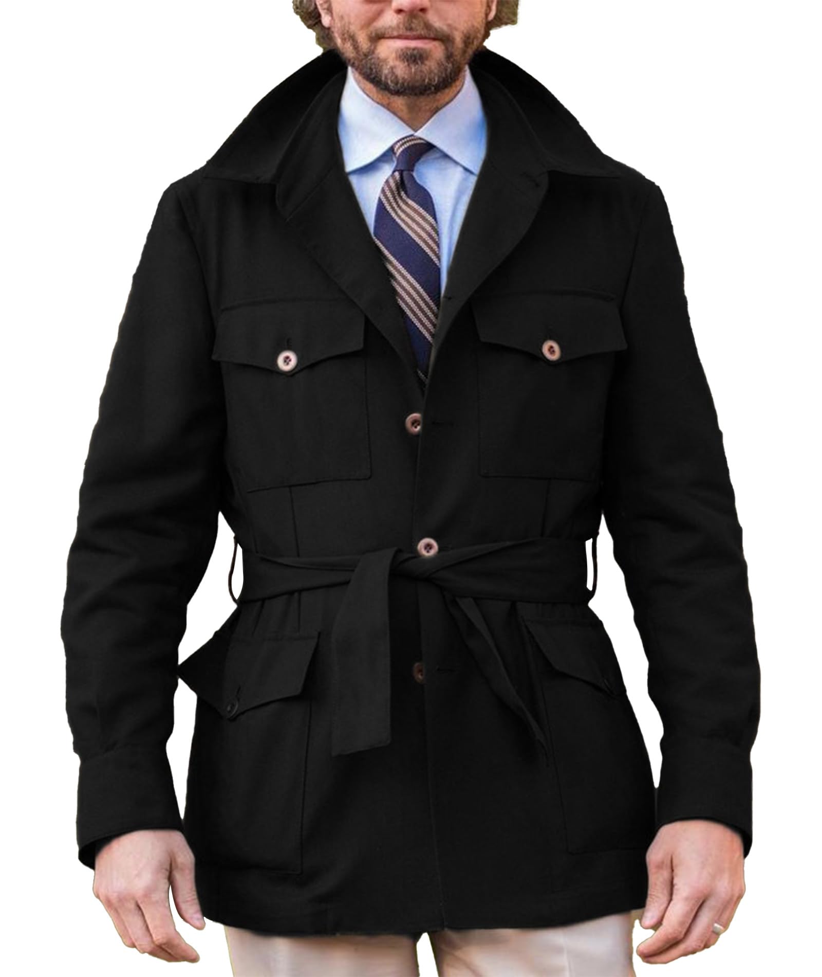 SOMTHRON Men's Single Breasted Belted Trench Coat Lapel Safari Military Jacket Casual Slim Fit Lightweight Windbreaker