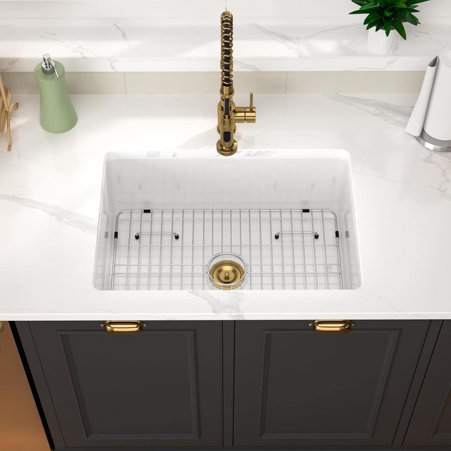 White Undermount Kitchen Sink 27 Inch Fireclay Porcelain Pure White Kitchen Sink 27"x19"x10" Dual Mount Single Bowl Glossy - Gold Drain