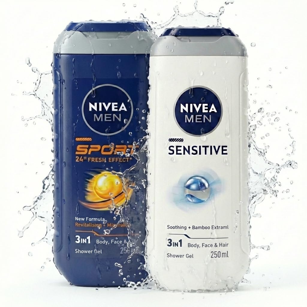 NIVEA MEN Shower Gel Set for Men - Sport & Sensitive Body Wash, 3-in-1 Hair Face Body Wash, Mens Grooming Toiletries Gift Set, Travel Size Shower Gel, Twin Pack 2 x 250ml