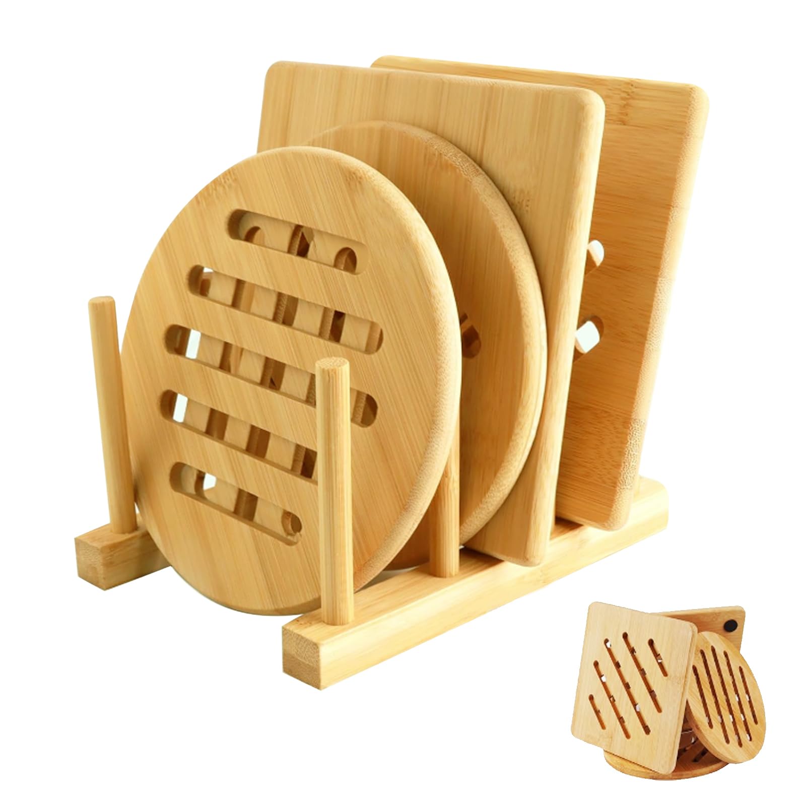 Set Di 4 Sottopentola In Legno Per Cucina Con Rete Antiscivolo - 14 Cm Per Padelle Calde, Pentole E Piatti - 3