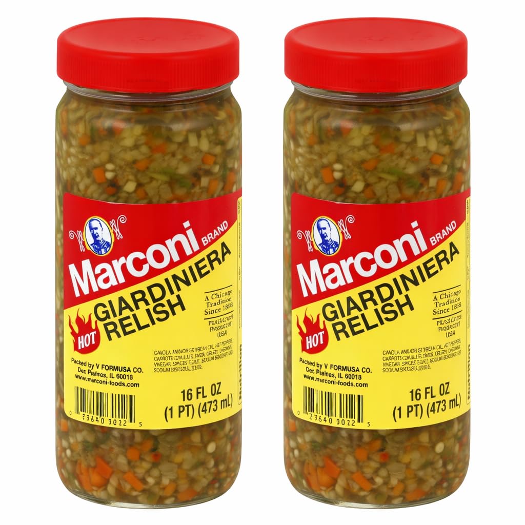 Marconi Hot Giardiniera Relish, Chicago-Style Diced Pickled Vegetable Mix in Oil, 16 oz Jars (Pack of 2) – Spicy Sandwich Relish for Italian Beef, Subs & Pizza