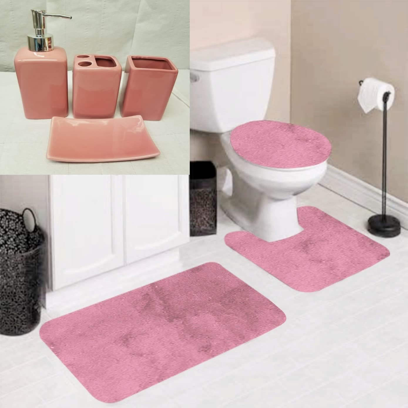 (#6) 7pc Bathroom Set with Bath Mat Contour Toilet Lid Cover with Rubber Backing Rugs with Accesories in Assorted Mix Colors (Red Strawberry)