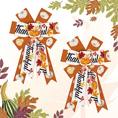 Hying 2 Pieces Fall Bows for Wreath, Thanksgiving Wreath Bows Orange White Burlap Bow Autumn Harvest Pumpkins Craft Bow Holiday Farmhouse Bows for Front Door Wall Happy Fall Thanksgiving Decorations