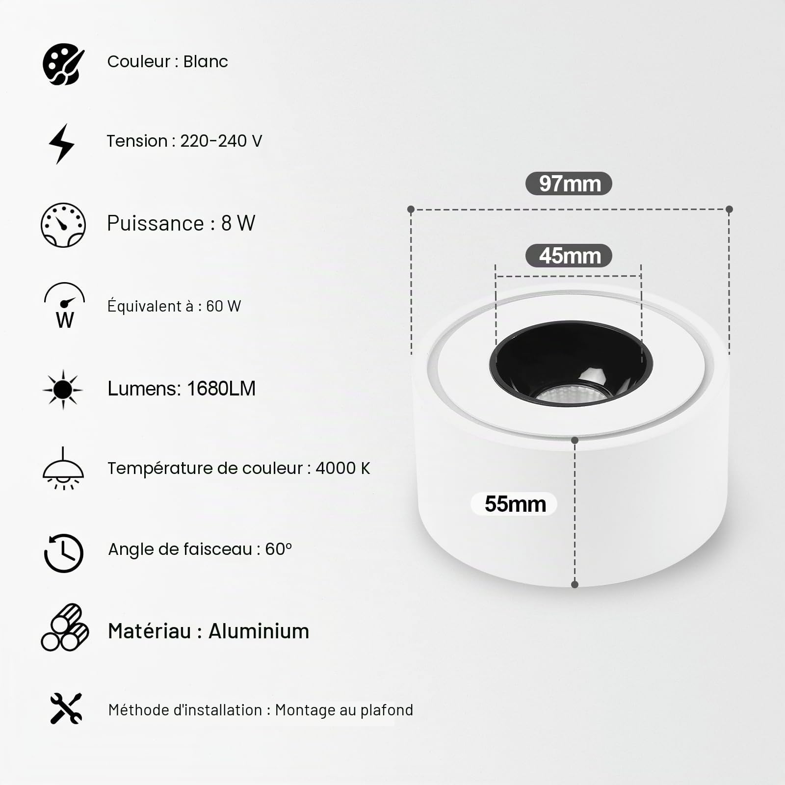Lot de 4 spots LED en saillie - Extra plats - Diamètre : 97 x 55 mm - 8 W - 1680 lm - 4000 K - Blanc neutre - Rond - 230 V - Spot de plafond en aluminium - Montage en saillie