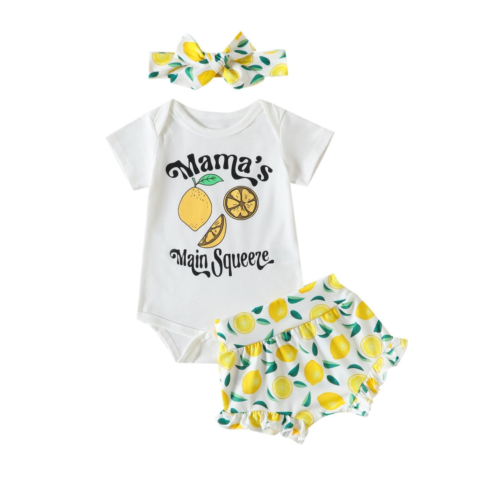 Toddler Girls Summer Outfit 2024 Lemon Lettered Print Rompers Short Sleeve T Shirt Tops Shorts Headband 3Pcs Set