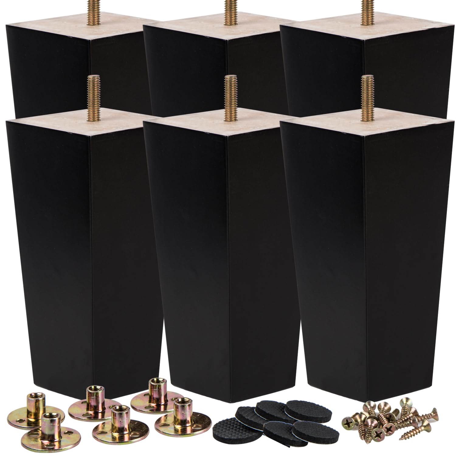 La Vane 4 inch Wooden Furniture Legs, Set of 6 Solid Wood Square Black Mid-Century Modern Replacement Bun Feet with Pre-Drilled 5/16 Inch Bolt & Mounting Plate & Screws for Couch Sofa Armchair