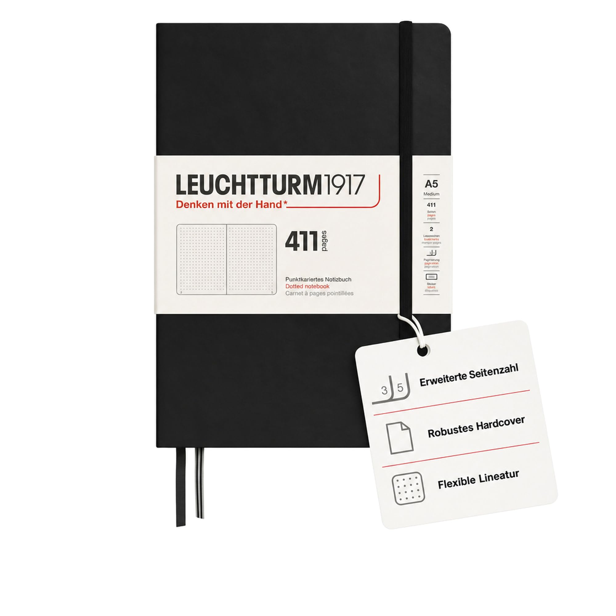 LEUCHTTURM1917 372931 Notebook 411 Medium (A5), Hardcover, 411 Numbered Pages, Black, Dotted, More Thoughts, More Ideas, More Memories, More Pages