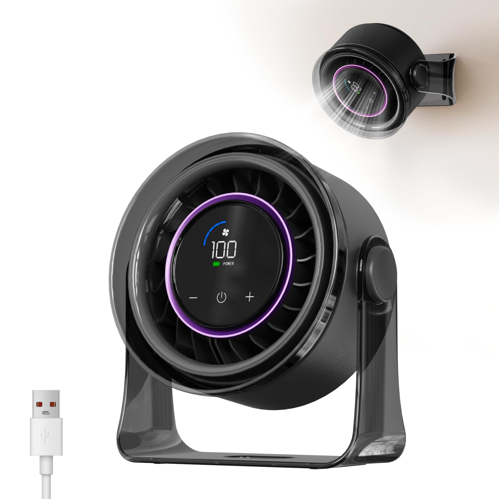 MERTTURM Ventilatore Scrivania Silenzioso con Turbo Airflow, 1-100 Velocità, Autonomia Max 11 Ore, Da Parete, Mini Ventilatore da Tavolo USB Per Ufficio/Casa/Viagg/Campeggio/Camper, Nero