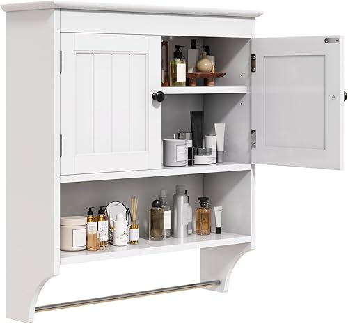 Miniatura 3 de Bealife Armario de pared de baño con barra de toallas, botiquín montado en la pared con 2 puertas y estantes ajustables, ahorro de espacio sobre el