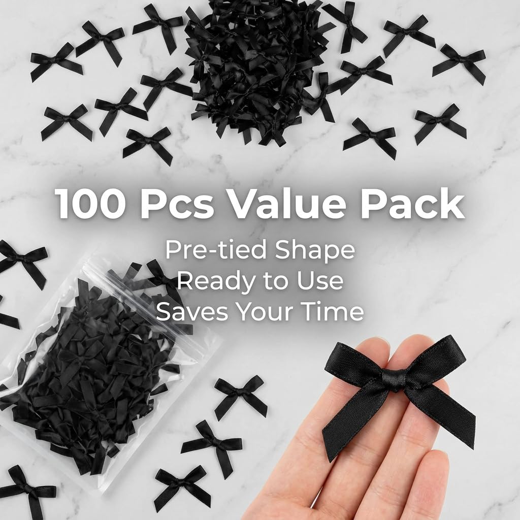 100 sztuk mini kokardek czarna satynowa wstążka do pakowania prezentów ślubnych na Boże Narodzenie, dekoracja małego motyla gotowa do pracy, do hobby, scrapbookingu, kartki z życzeniami, chrzciny