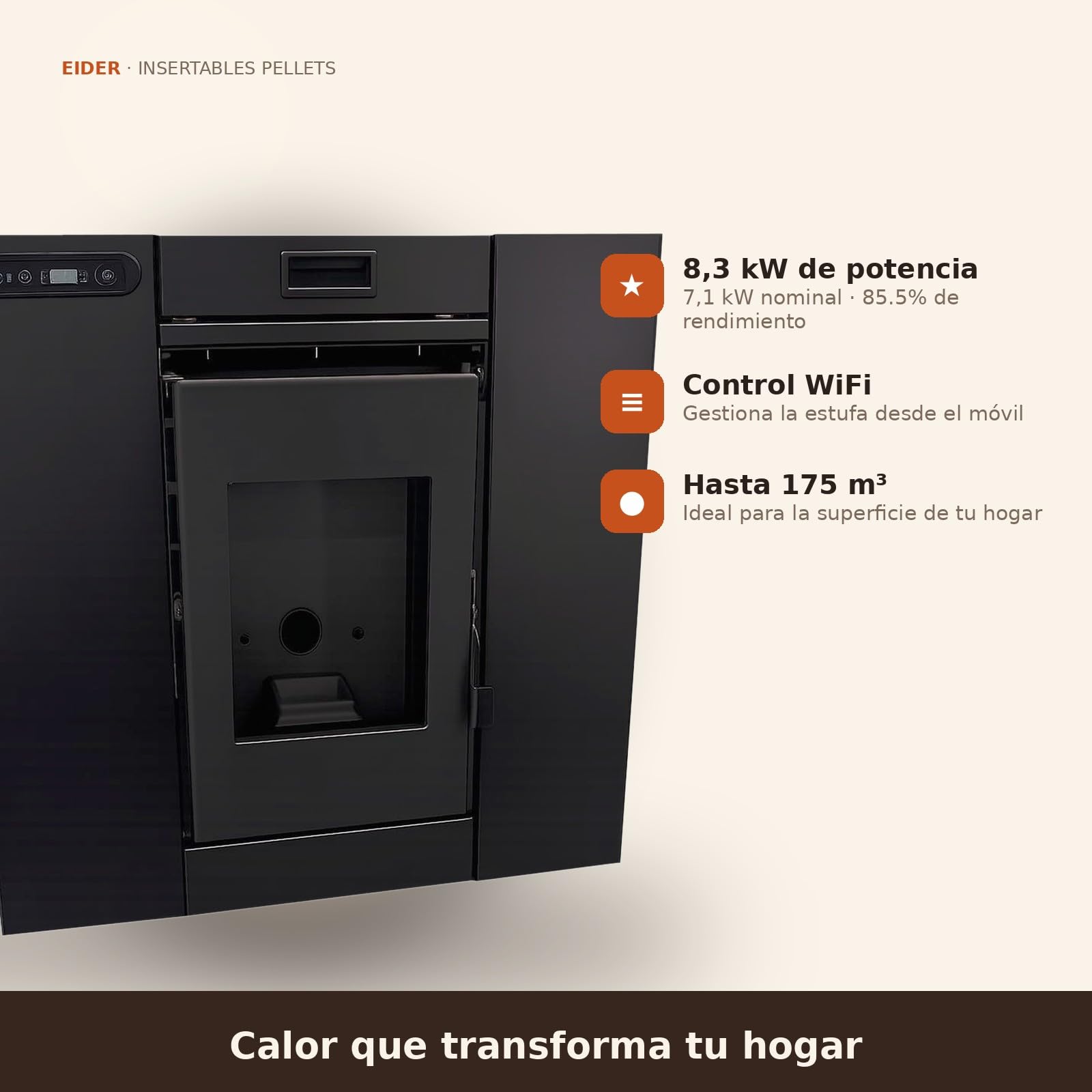 EIDER BIOMASA Insertable de Pellets INSERT 8 – Estufa de Pellets para Chimenea – 7,98 kW – Rendimiento 94% – Tolva 13 kg – Hasta 185 m³ – Programable WiFi