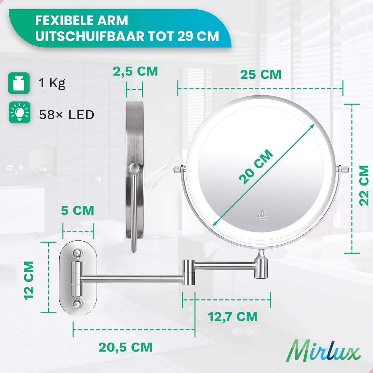 Mirlux Make Up Spiegel Met LED Verlichting - 10x Vergroting Licht Hoogte Verstelbaar 3 Lichtstanden Oplaadbaar Vergrootspiegel Zwart 67b584762f31631c3c0af956