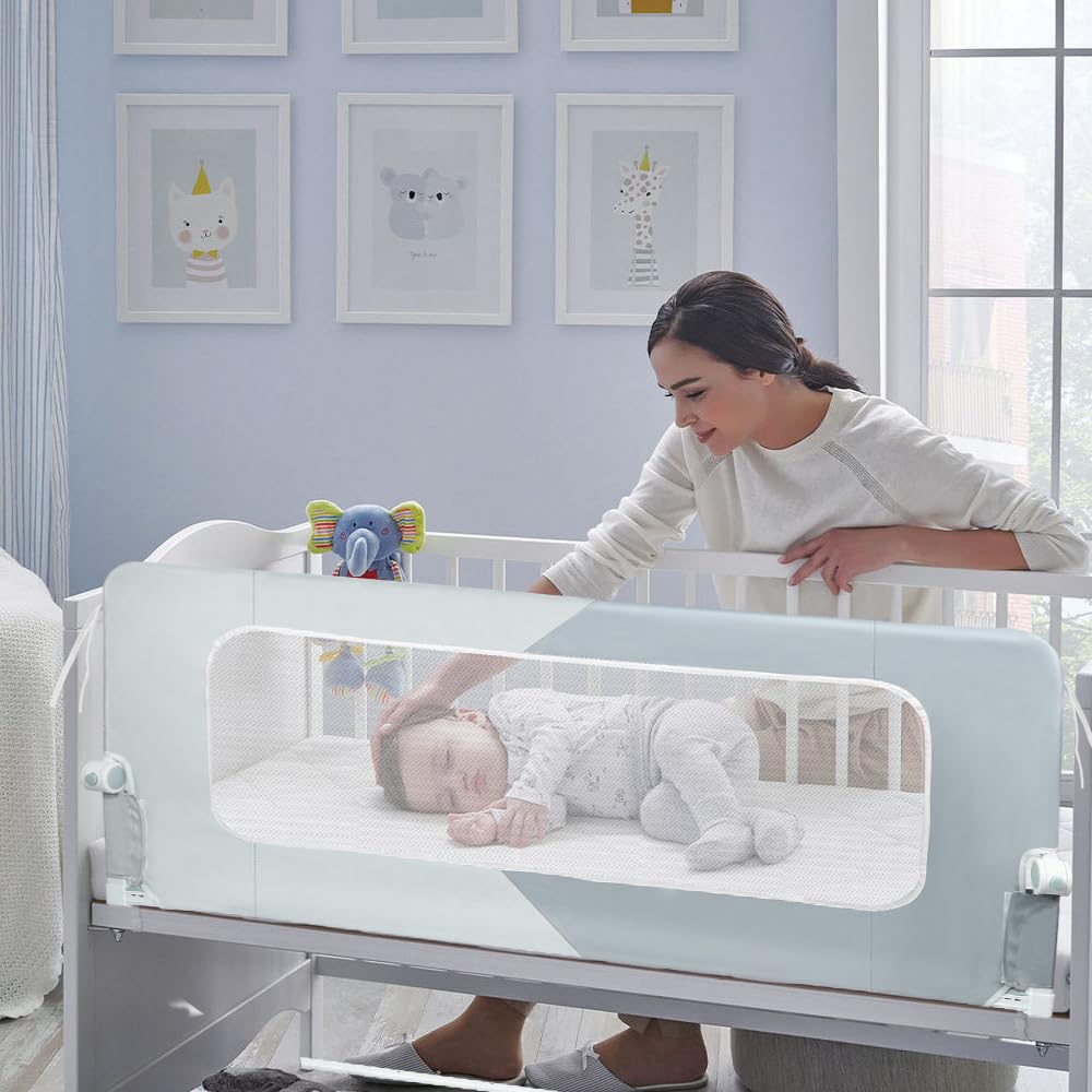Homewell Portable Bed Rail 150 x 66-80 cm, Barrera de cama infantil plegable, altura ajustable, marco de metal, barrera de seguridad para niños, cama de matrimonio, poliéster (gris claro + gris oscuro