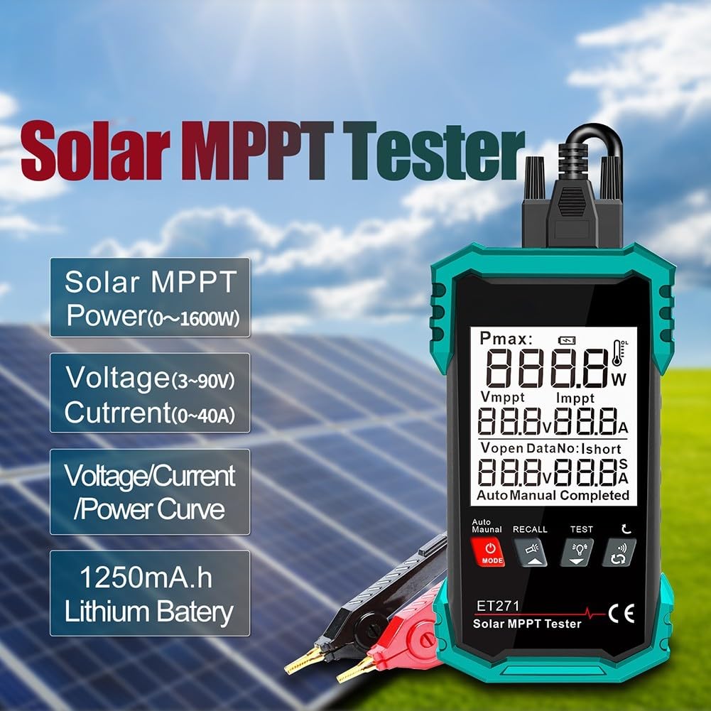 ET271 Misuratore di energia solare con tester fotovoltaico 2000W per moduli fotovoltaici, display da 3,2", protezione da sovratensione, registrazione dati, blu