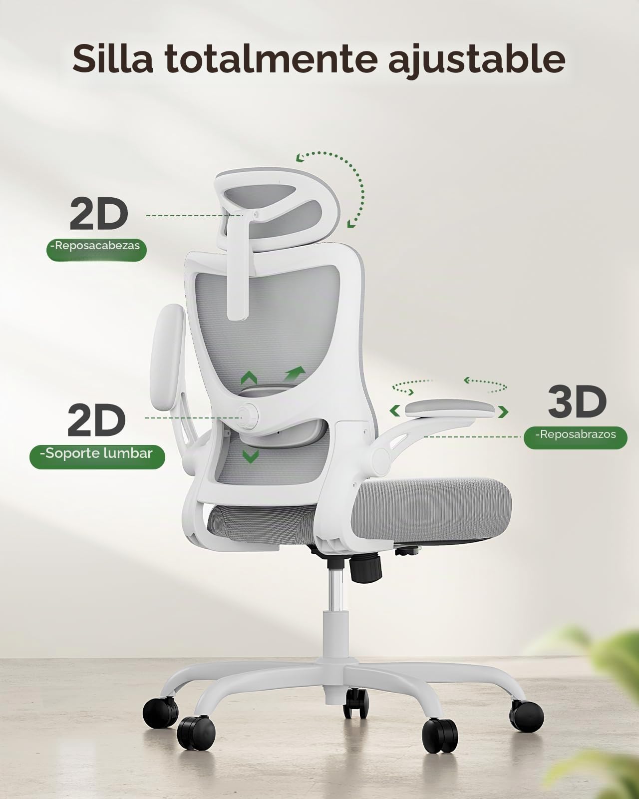 Marsail Silla Escritorio Ergonomica: Silla Oficina de Computadora con Respaldo Alto de Malla y Soporte Lumbar Ajustable Silla Giratoria para Tareas Trabajo con Ruedas, Reposabrazos 3D y Reposacabezas
