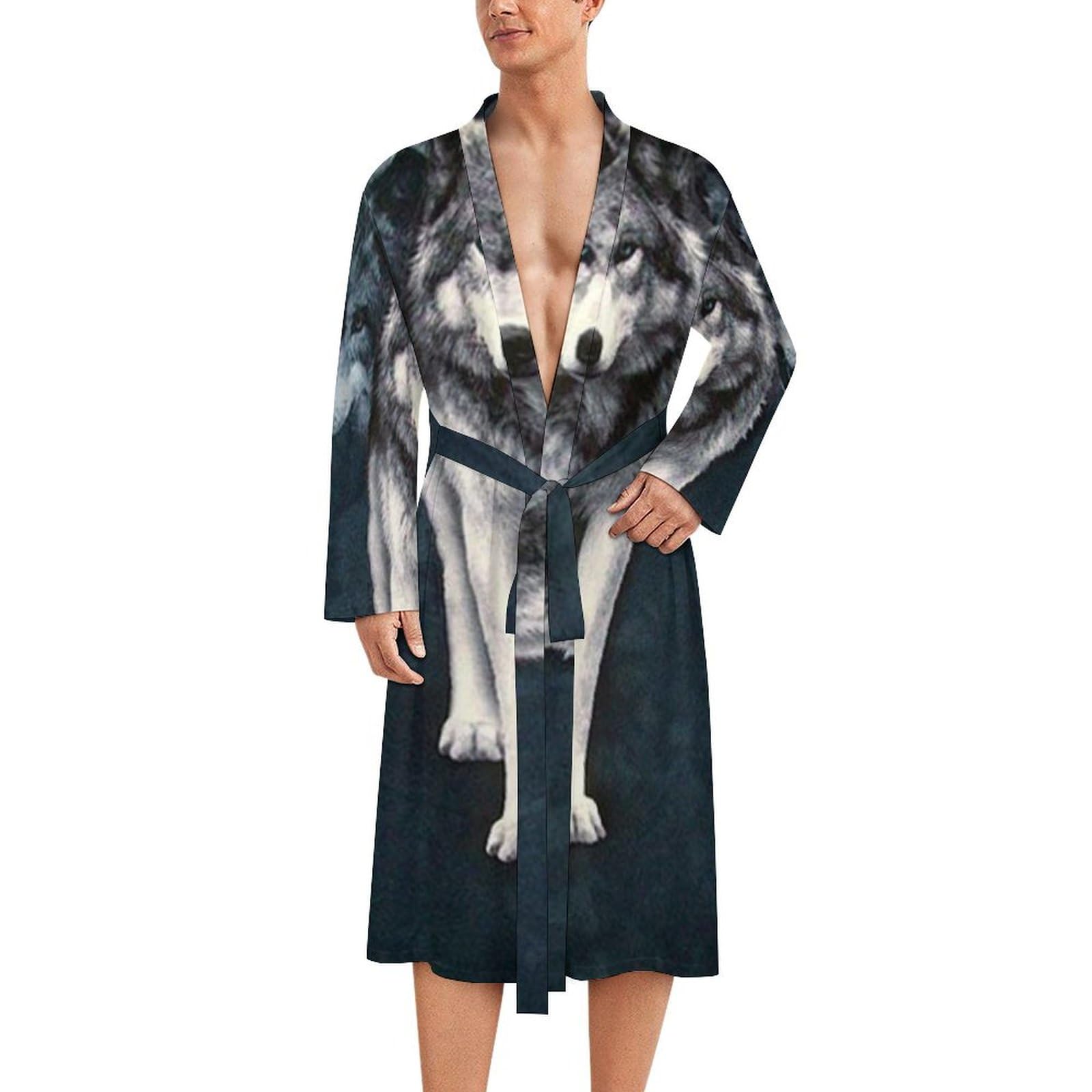 Wolf's Shadow Men's Robe Soft Bathrobe Pyjama Sleepwear Loungewear Dressing Gown with Belt L
