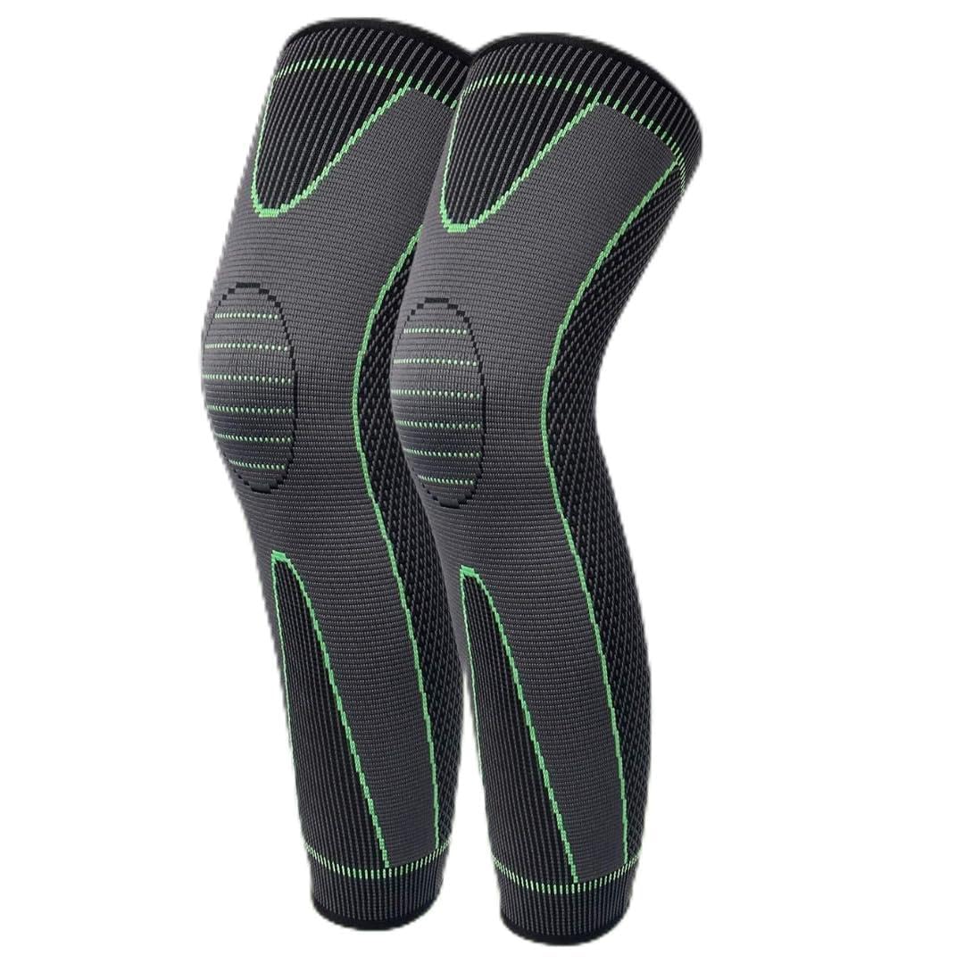 Nylon Knee Support For Men- 3D Knitted Knee Brace For Gym, Workout And Pain Relief | Extra Long Leg Braces Knee Sleeve For Working Out, Joint Pain ((Free Size, Green-Black) (Green-Pack of 2)