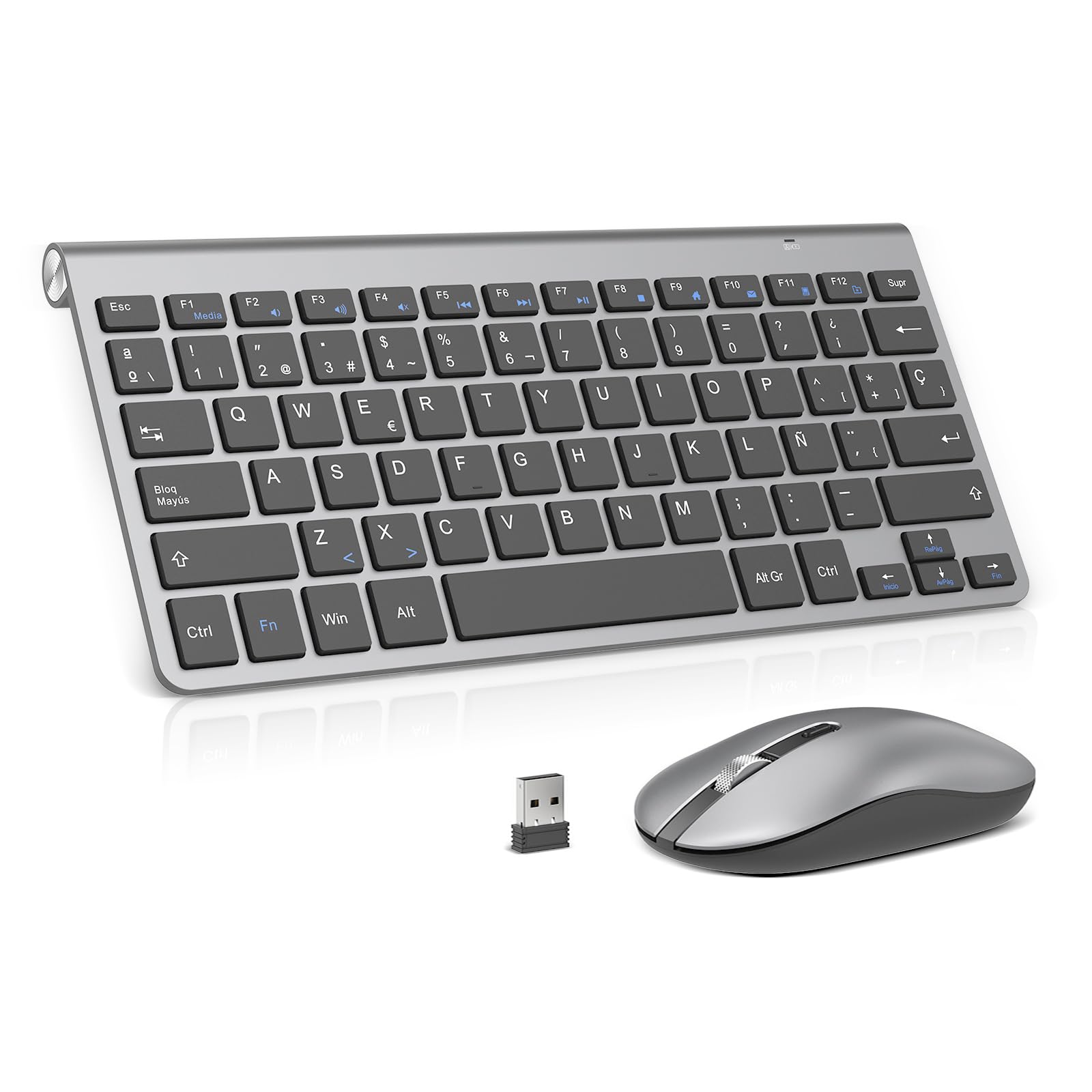 Teclado y ratón inalámbricos, PINKCAT 2.4G Set de Teclado Ultrafino y ratón ergonómico silencioso con 12 accesos directos Multimedia para Ordenador, PC, Tableta, Ordenador de sobremesa (Gris Oscuro)