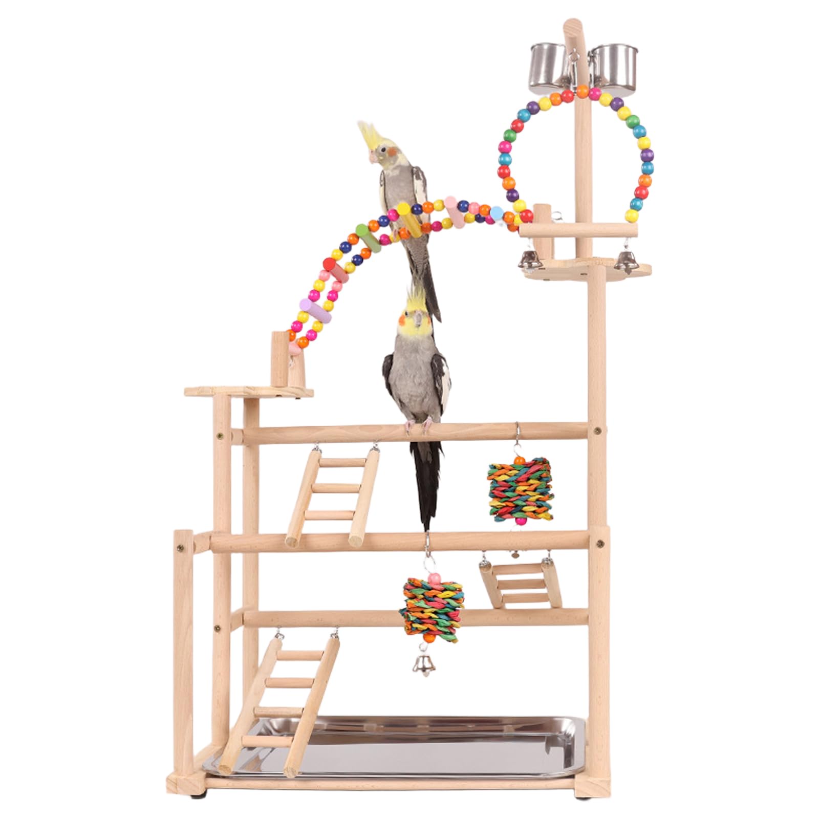 Kivinia Bird Playground, Wooden Parrot Playstand for Small to Medium Birds with Feeder Cups, Bird Play Stand with Ladders, Swings and Detachable Tray for Cockatiel Parakeet Lovebirds Conure - A001 — image 1