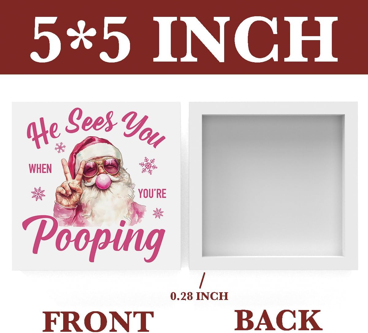 Christmas Bathroom Decor, Funny Pink Christmas Decorations, Sunglasses Santa Claus Bathroom Table Decoration He Sees You When You're Pooping Wooden Box Sign Halloween Home Desk Decor image 2