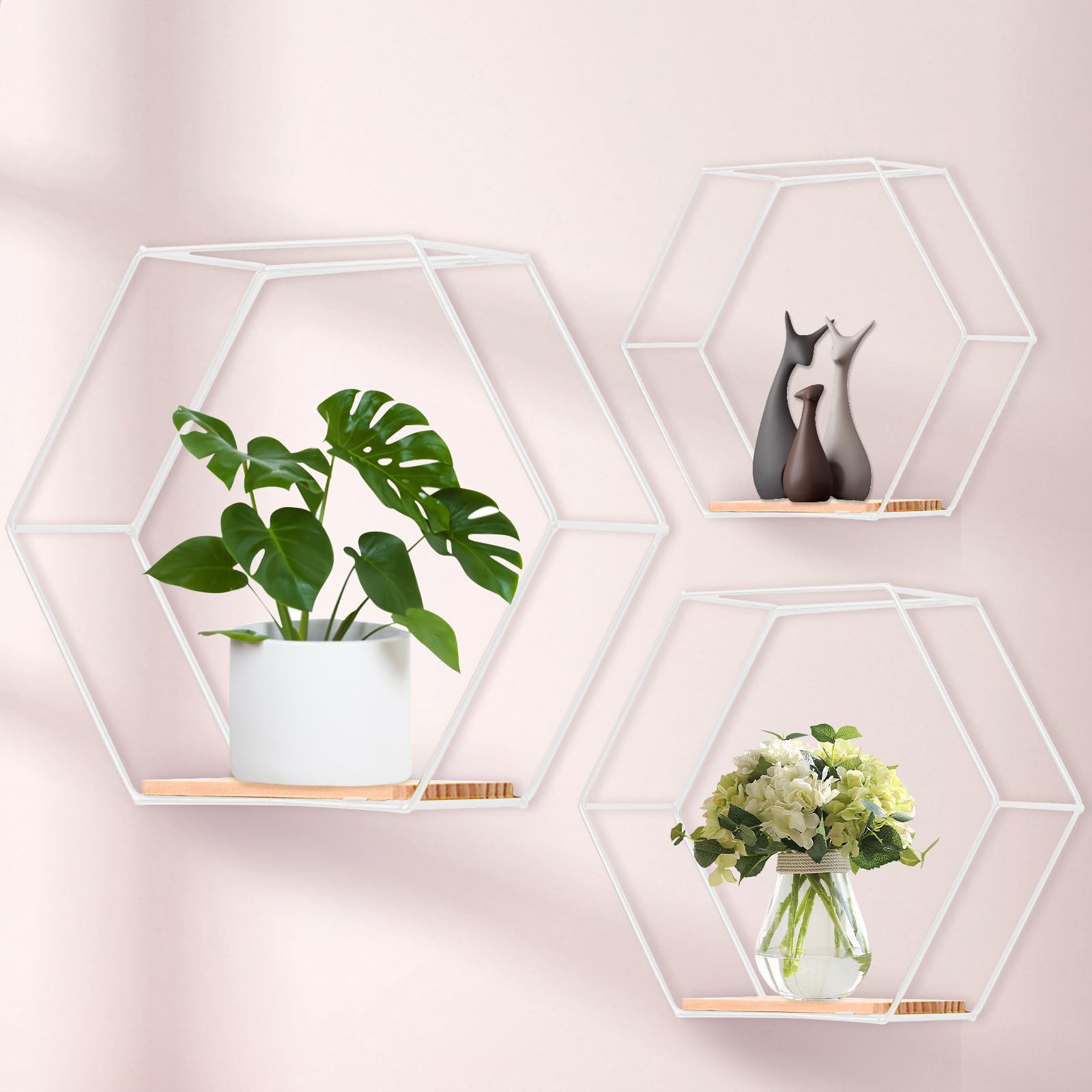 panthem Hexagon Wandregal Weiß Metall 3er Set, Regal Wand Deko Hängeregal Loft Wandregale, Wand Regal Weiss für Wanddeko in Wohnzimmer, Schlafzimmer, Bad, Café und Hotel Küche, Haushalt & Wohnen