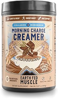 Earth Fed Muscle Morning Charge Chocolate Protein Coffee Creamer with Collagen & Lions Mane - Organic Mushroom Creamer - Dairy Free Keto Paleo Superfood - 24 Servings