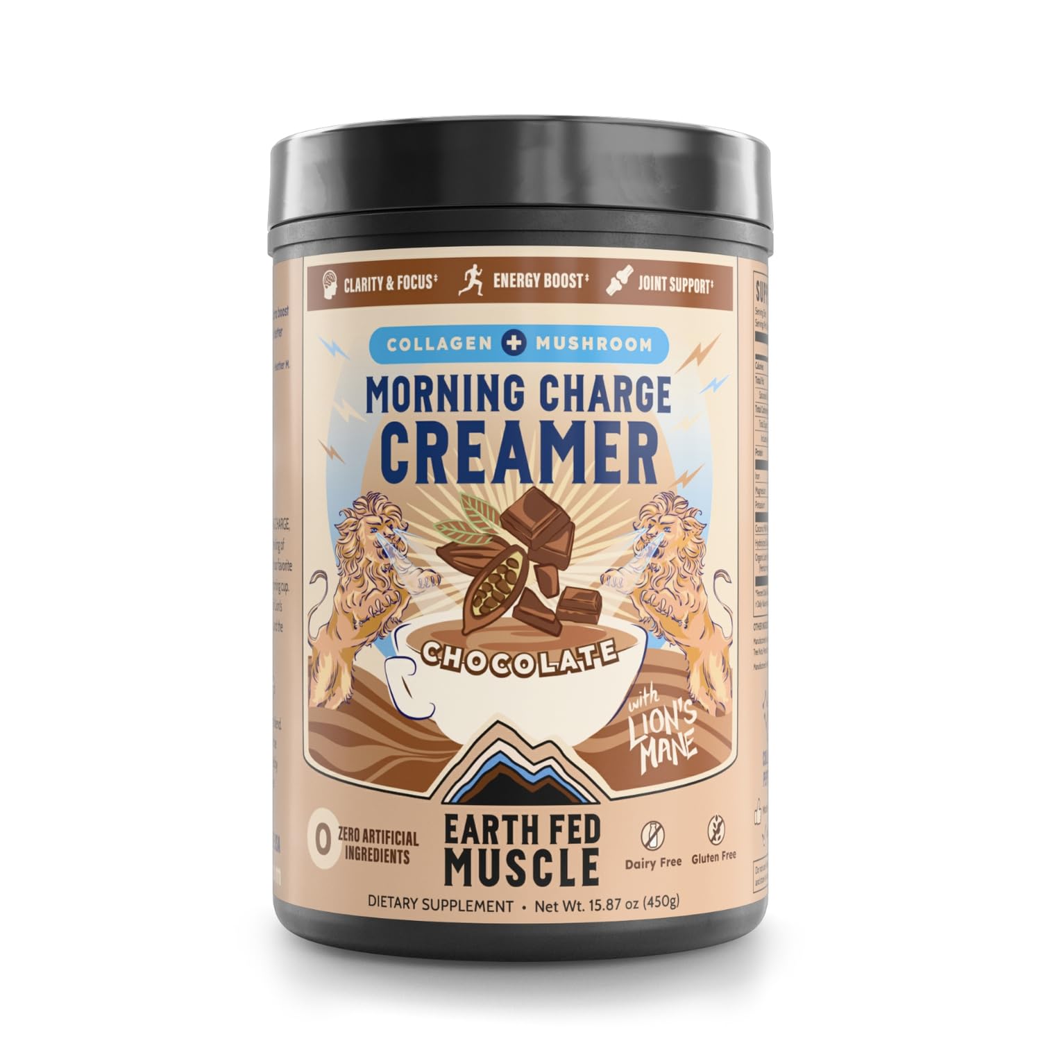Earth Fed Muscle Morning Charge Chocolate Protein Coffee Creamer with Collagen & Lions Mane - Organic Mushroom Creamer - Dairy Free Keto Paleo Superfood - 24 Servings