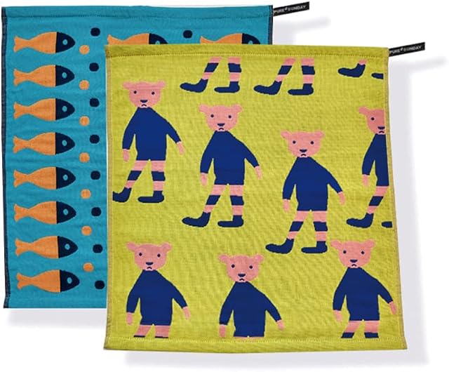 SEOULIAN, A set of 2 100% Cotton gauze tea-towels, YELLOW& BLUE, Soccer bear & Blue fish pattern, Blue& yellow, Super-absorbent, for Home, Quick drying, Machine washable.