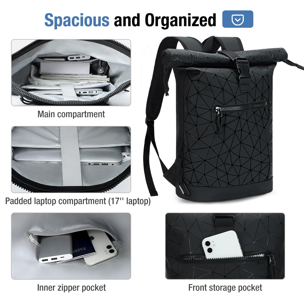 Lekeinchi Zaino Rolltop Uomo Donna Porta PC 17 Pollici | Zaino Impermeabile Uomo Donna - Rains Zaino Espandibile - Viaggio Casual Lavoro Università - Diamante Nero