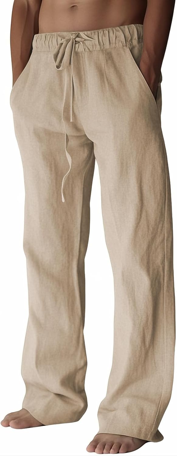 PIDOGYM Mens Cotton Linen Pants, Summer Beach Pants Casual Loose Fit with Elastic Waist Drawstring
