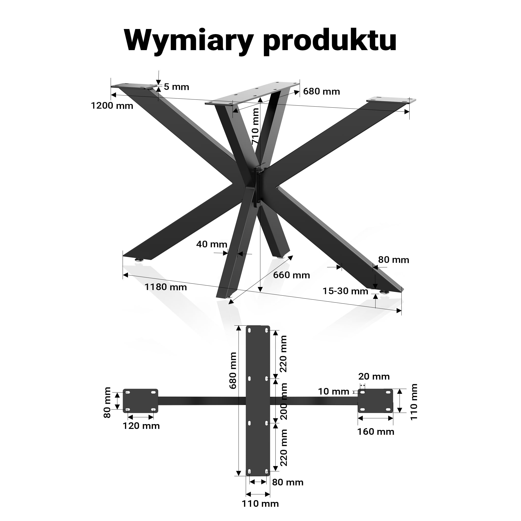 XPOtool Nogi do stołu metalowe w stylu loftowym 71x68x120cm industrialne, czarny stelaż typu spider, nowoczesne stalowe nogi do blatów stołowych