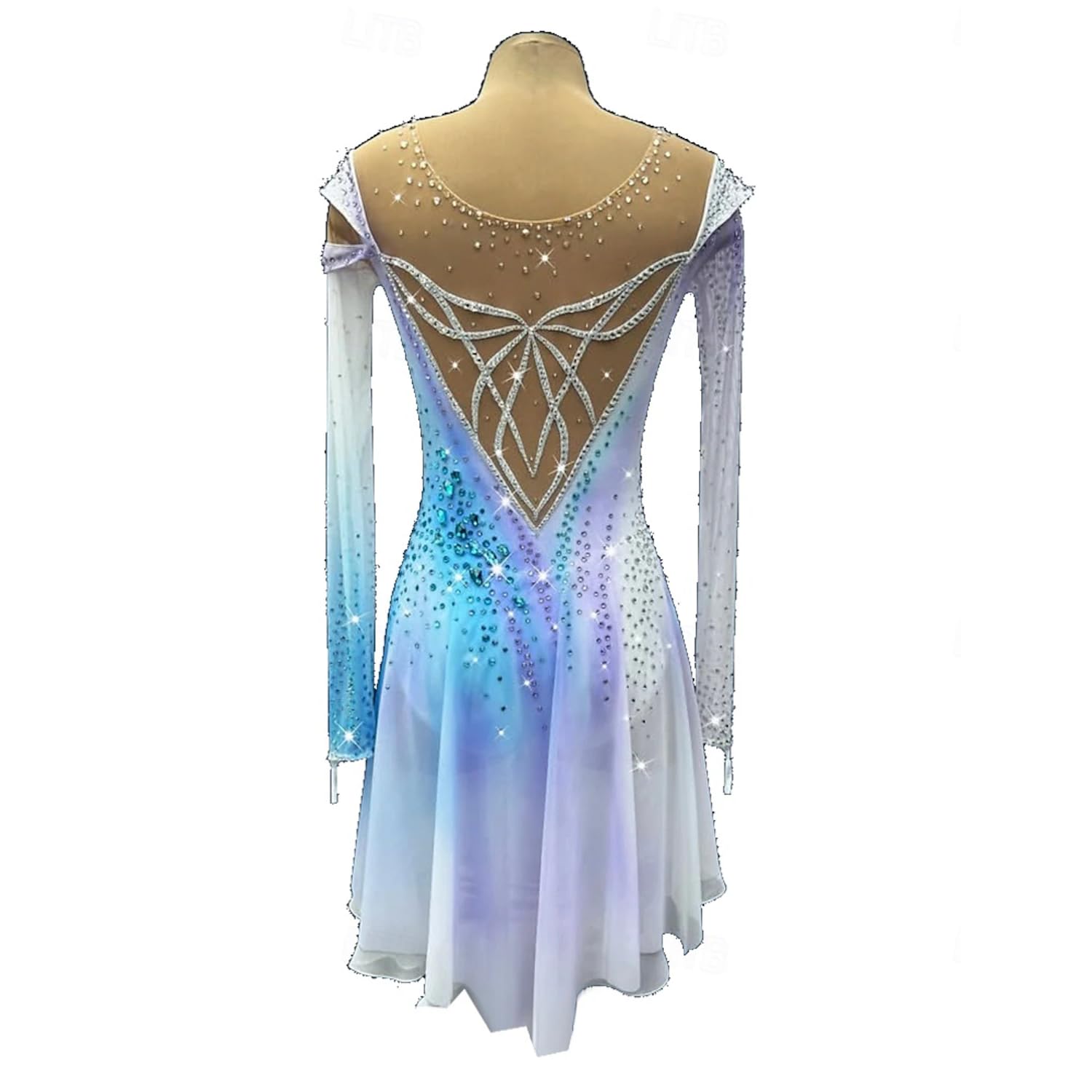 purpleq Eiskunstlauf Wettkampf Kleid für Mädchen Handgefertigt Weiß Blau Färbung Langarm Gymnastik Bekleidung Professionelle Eiskunstlaufbekleidung für Damen