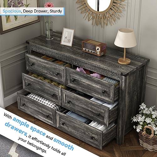 Image of HUANLEGO Grey Dresser for Bedroom with 6 Drawers, Farmhouse Wood Dressers Bedroom Furniture 6 Chest of Drawers, Rustic Wide Storage Drawers Dressers Organizer for Closet, Living Room, Hallway