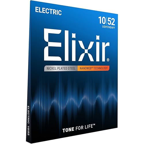 Elixir Strings, Electric Guitar Strings, Nickel Plated Steel with NANOWEB Coating, Longest-Lasting Bright Tone with Comfortable Feel, 6 String Set, Light/Heavy 10-52