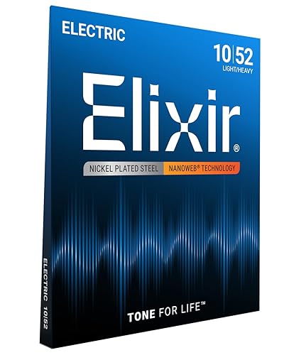 Elixir Strings, Electric Guitar Strings, Nickel Plated Steel with NANOWEB Technology, Longest-Lasting Bright Tone with Comfortable Feel, 6 String Set, Light/Heavy 10-52