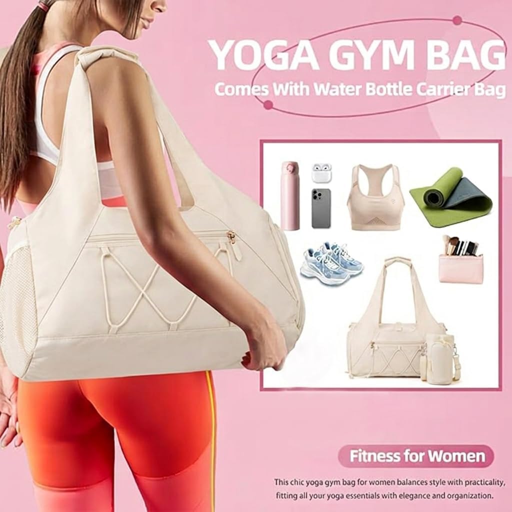Gym Bag for Women, Yoga Mat Bag with Shoe Compartment and Wet Pocket, Sport Yoga Gym Bag with Yoga Strap, Carryall Yoga Tote Bag